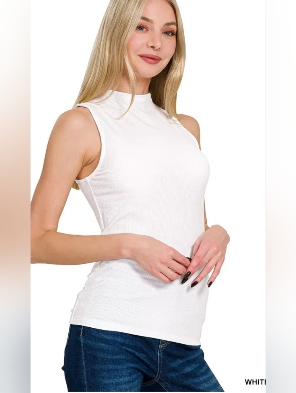 ZENANA Sleeveless Mock Neck Ribbed Tank Top - White Sizes S, M, L New